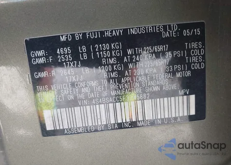 2015 Subaru Outback 2.5I Premium z USA, uszkodzony, nr VIN 4S4BSACC5F3345882